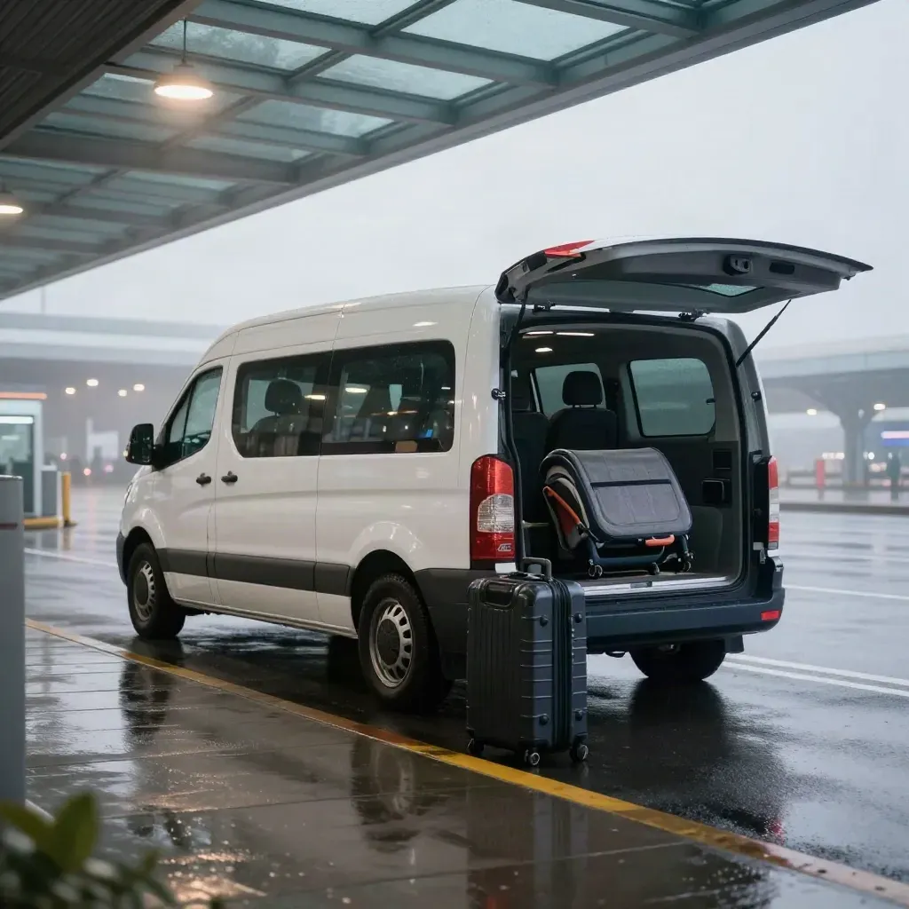 Van navette premium à l’aéroport sous la pluie au lever du jour, avec valises et siège enfant.