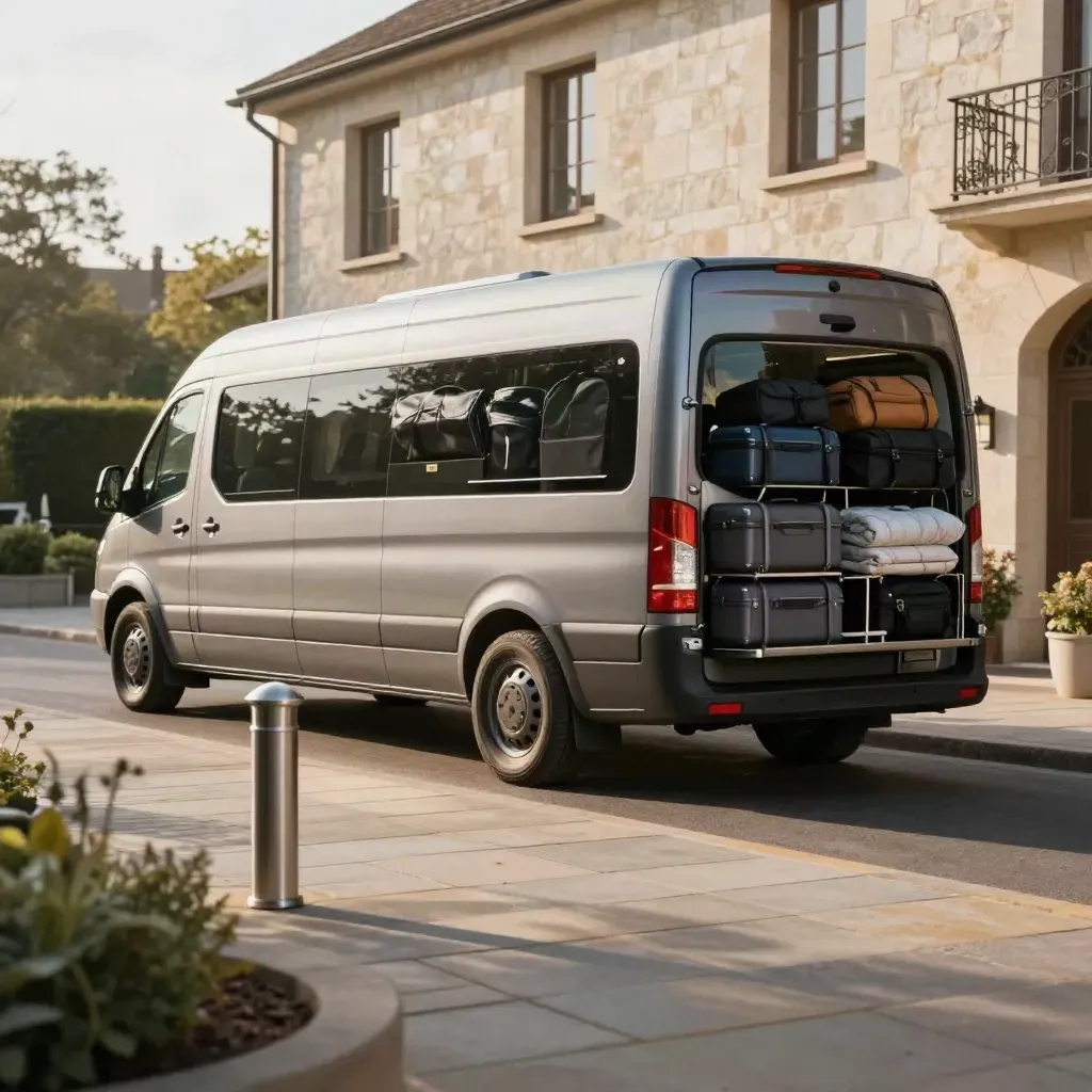 Minibus argent chargé de bagages quittant un parvis d’hôtel en mouvement.