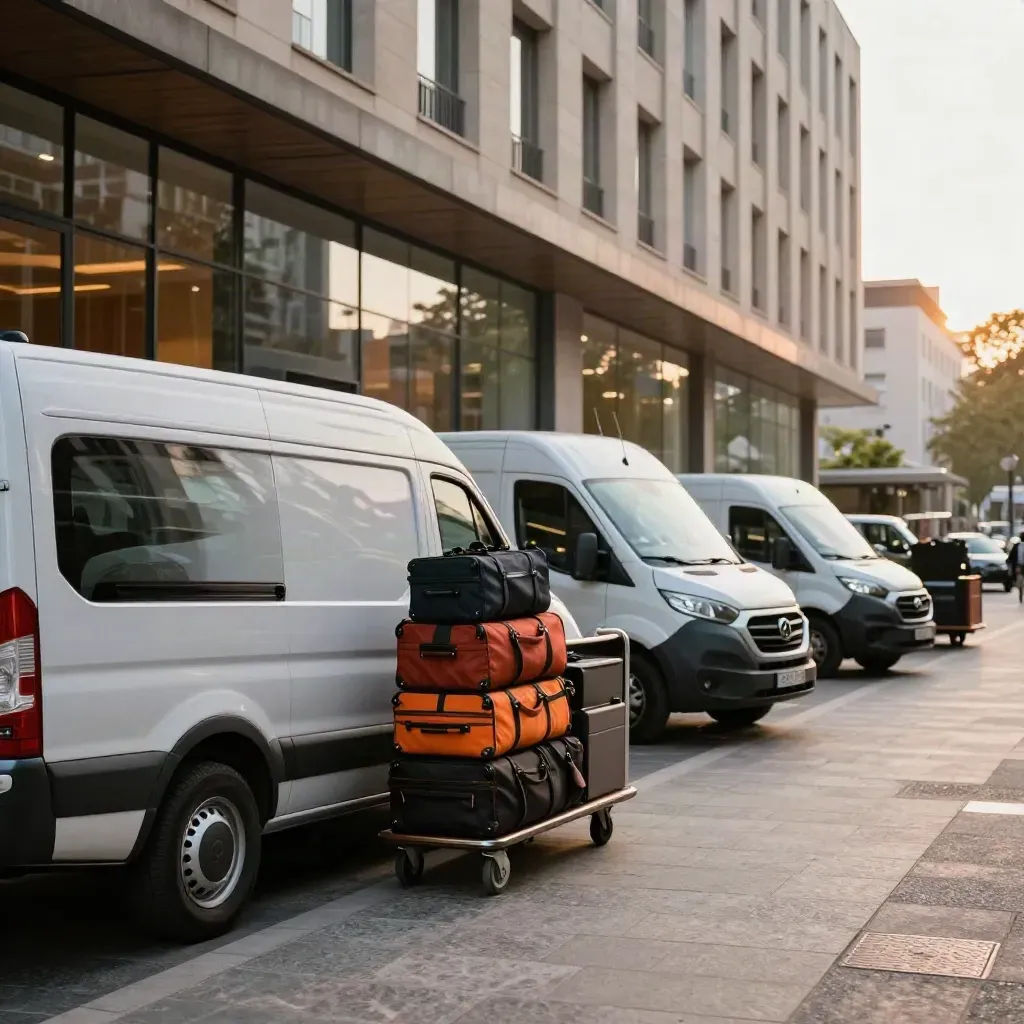 Deux vans de transport d’équipe devant un hôtel d’affaires, valises empilées et chariot à bagages.
