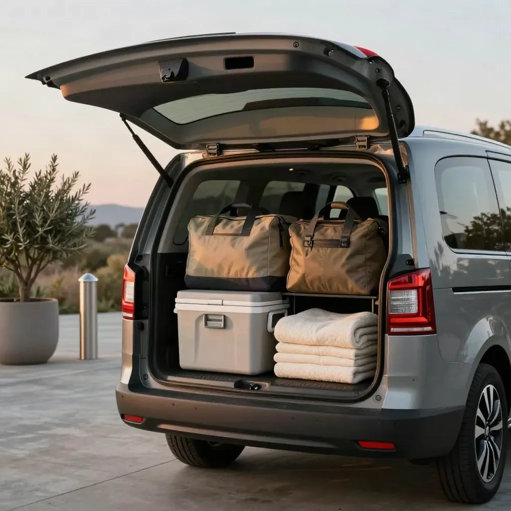 Van compact prêt au départ, coffre ouvert avec sacs, glacière et couvertures.