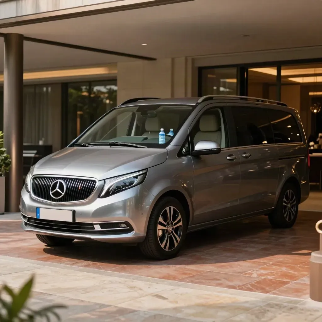 Van chauffeur premium garé sous un porche d’hôtel, bouteilles d’eau et plaid visibles.