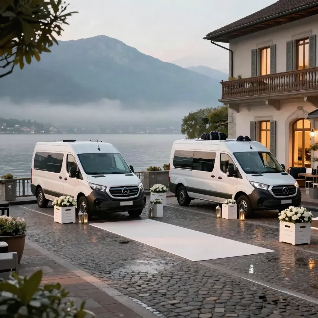 Deux navettes blanches prêtes pour un mariage au bord du lac à Annecy, ambiance bleutée et florale.