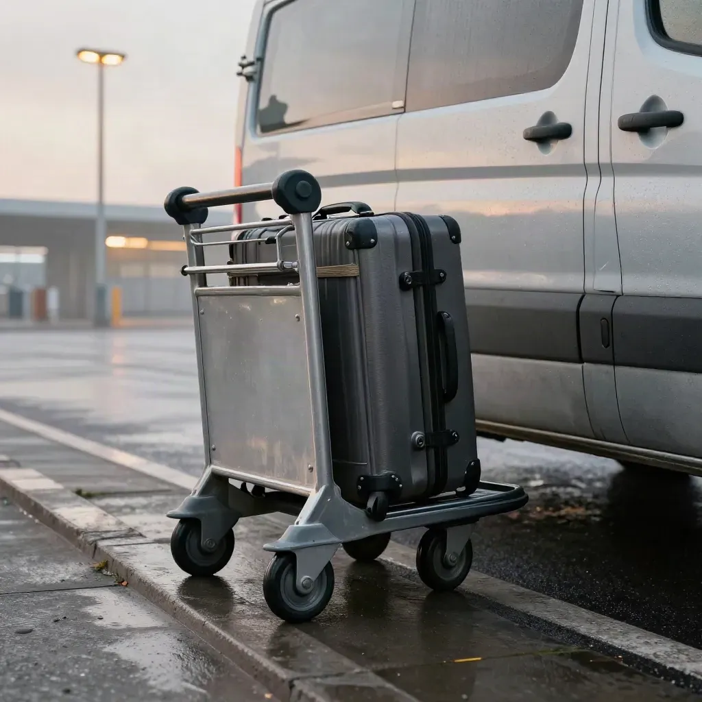 Véhicule et chariot à bagages au terminal d’Orly dans la brume de l’aube.