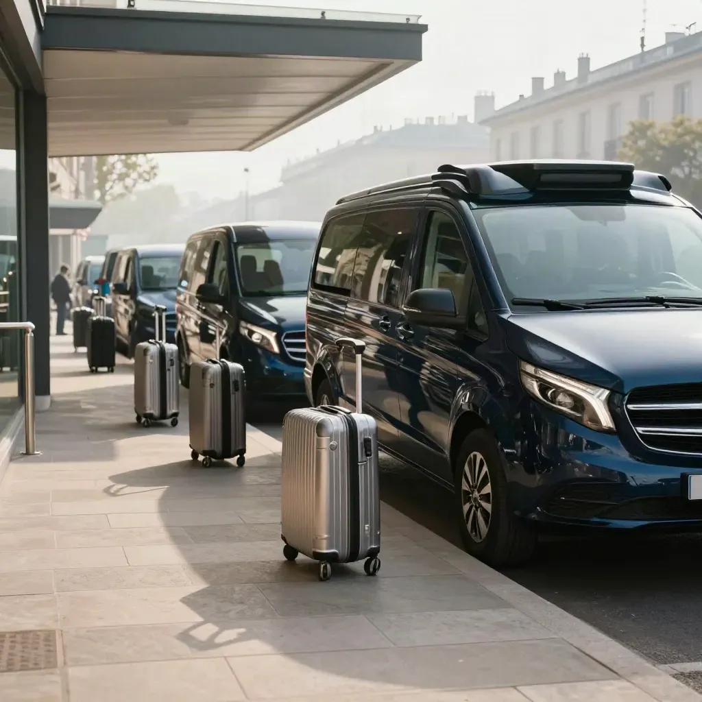 Vans navettes devant un hôtel de congrès à Lyon, avec valises roulantes et chariot aligné.