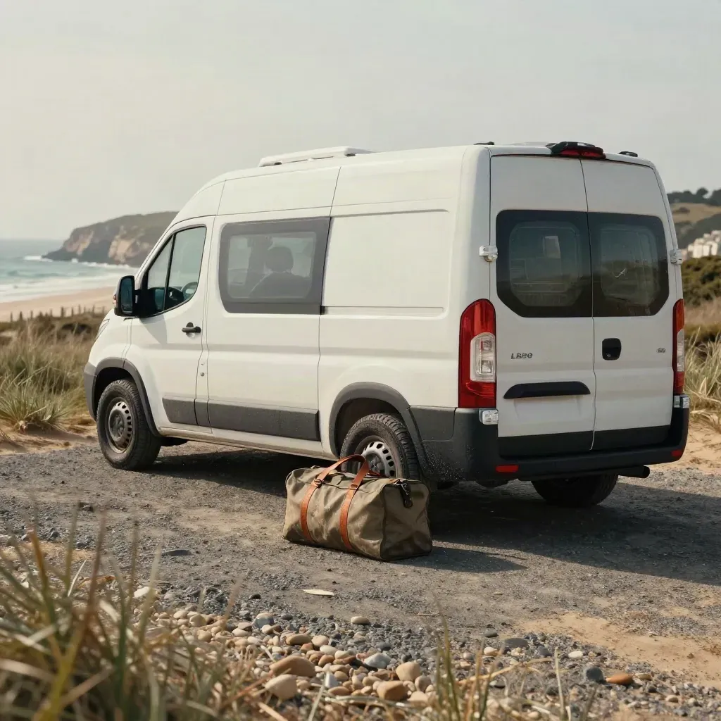 Van de location en Bretagne au bord de l’océan avec bagages mouillés et embruns.