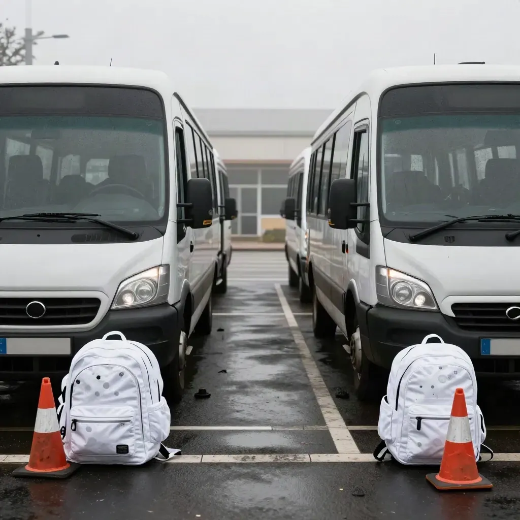 Deux minibus prêts au départ dans une cour d’école nantaise, sacs et cônes sous le brouillard.