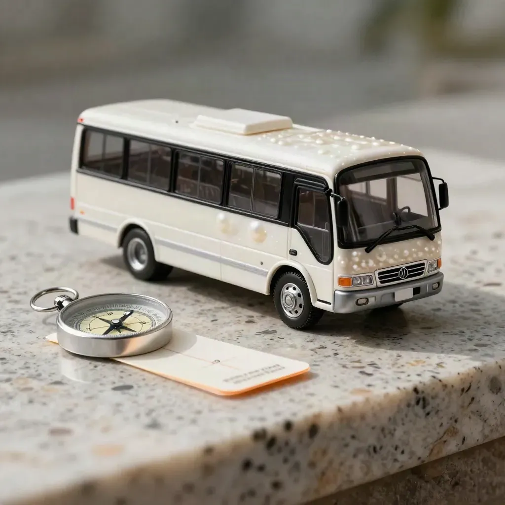 Mini minibus, boussole et jeton navette sur pierre, lumière chaude et dramatique.