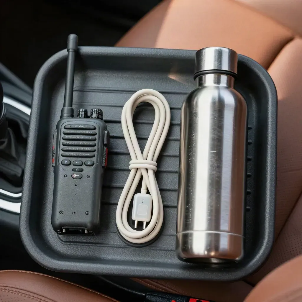 Kit du chauffeur sur tableau de bord de van : radio, clé, câble et gourde métallique.