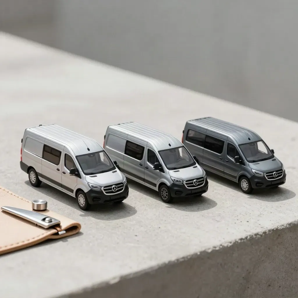 Mini vans miniatures alignées sur pierre claire avec jeton métal et clip cuir.