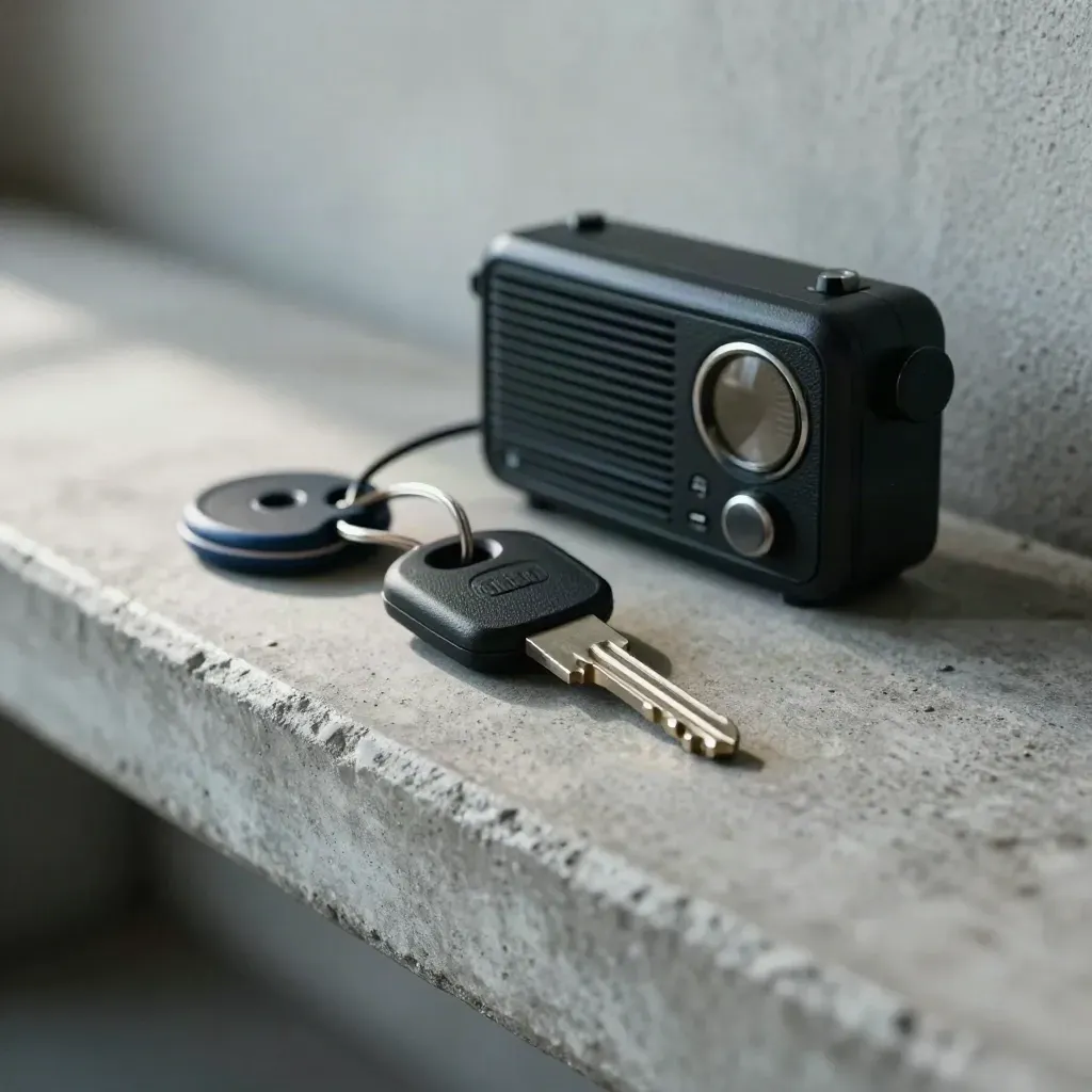Clé de van, puck de localisation et radio sur un banc de garage gris, lumière douce de côté.