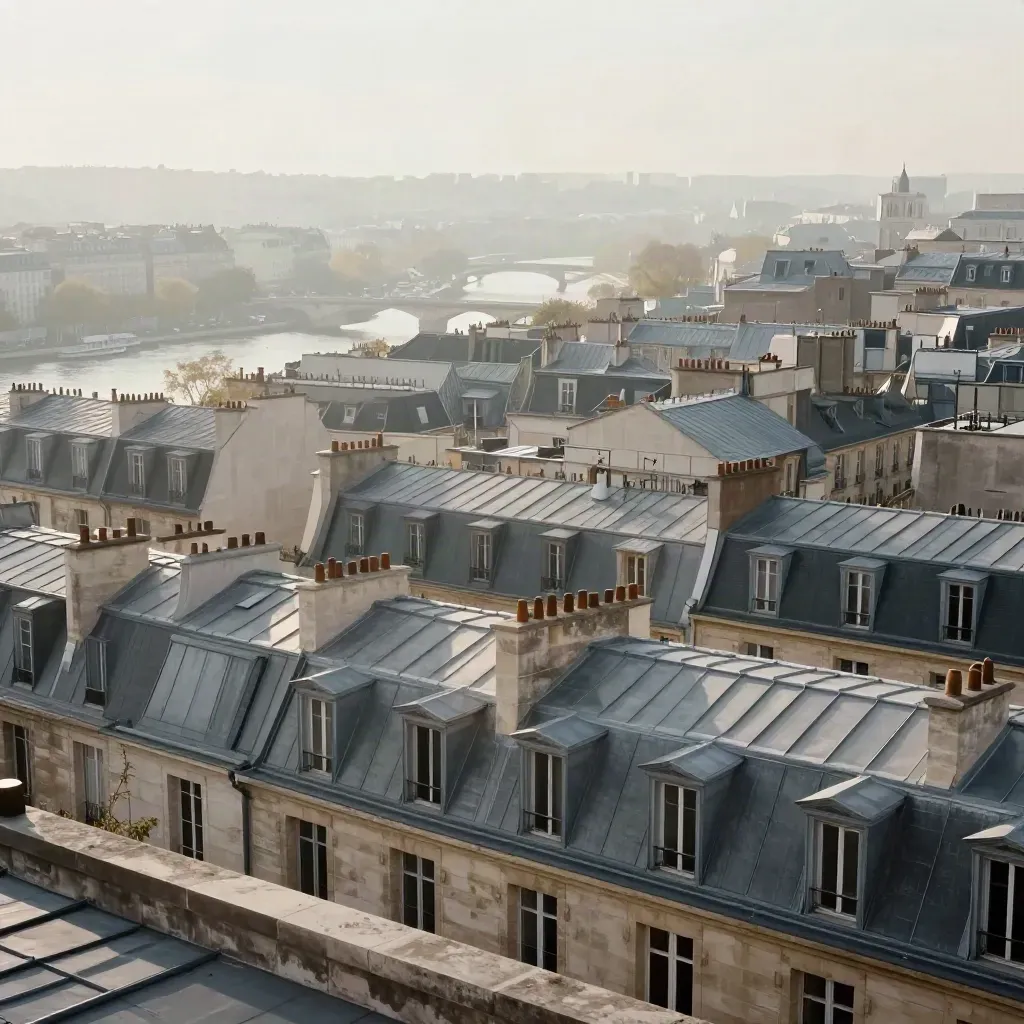 Brume sur Paris et l’Île-de-France, toits de zinc, pierres claires et Seine discrète.