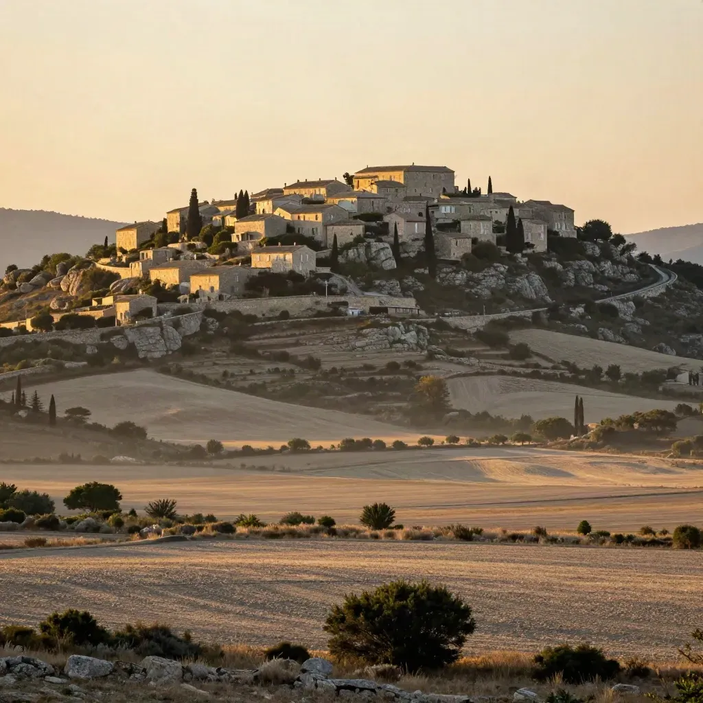 Paysage doré de Provence-Alpes-Côte d’Azur, village perché et route côtière dans une brume chaude.