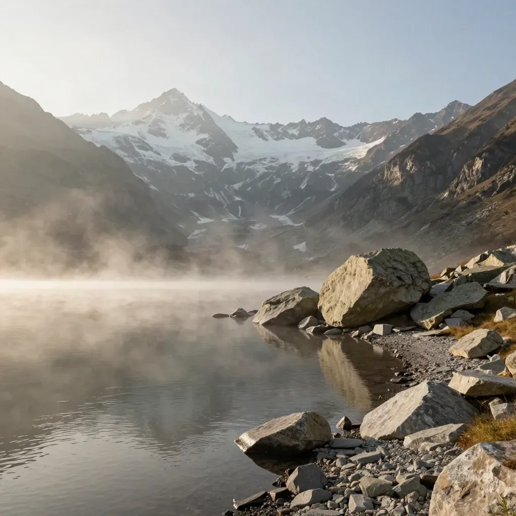 Lac alpin brumeux, quai de pierre et sommets dans la lumière du matin en Auvergne-Rhône-Alpes.