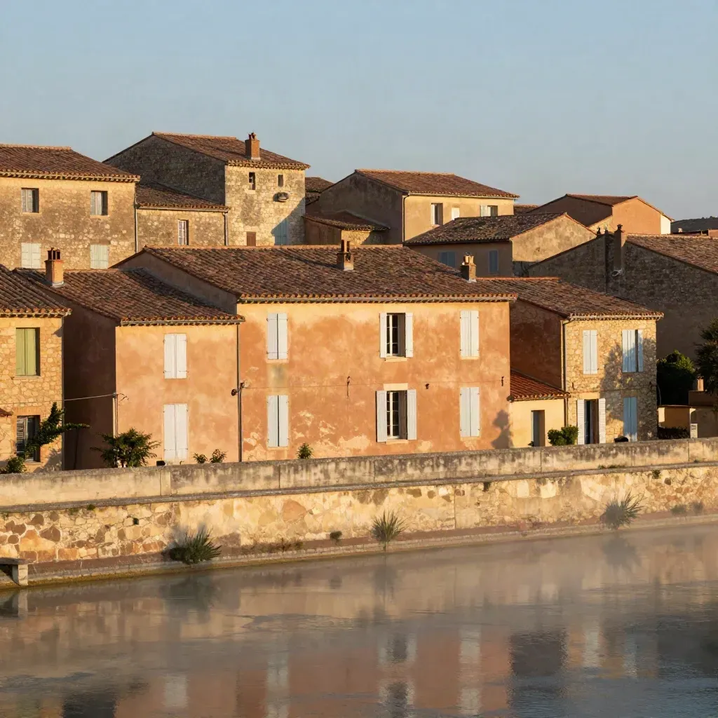 Toits terracotta d’Occitanie et façades ocre au-dessus d’une surface calme et lumineuse.