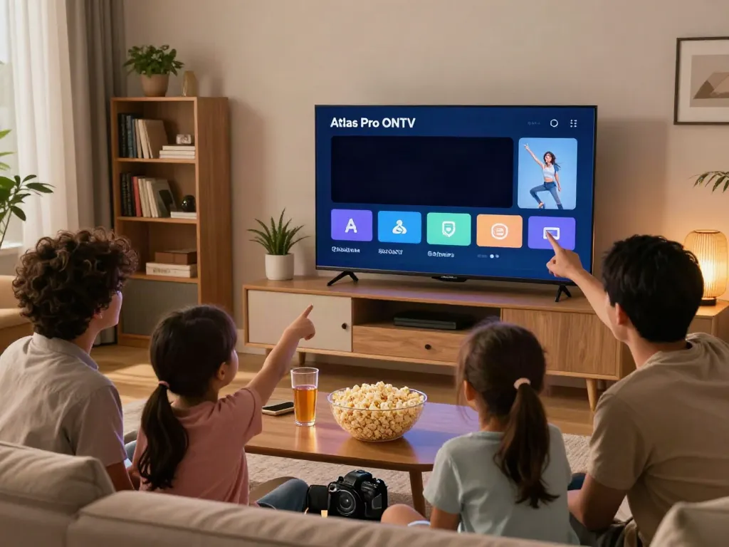 Famille utilisant l'application Atlas Pro ONTV pour une soirée cinéma à la maison, ambiance chaleureuse.